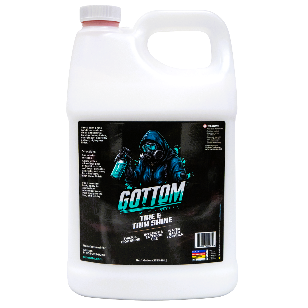 Gottom - Tire & Trim Shine - 1 Gallon (128 oz) - Ultra High Glossy Shine Water Based Performance Thick Dressing For Tires & Plastic Trim - Scented with Boosted Colada