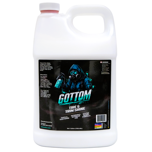 Gottom - Tire & Trim Shine - 1 Gallon (128 oz) - Ultra High Glossy Shine Water Based Performance Thick Dressing For Tires & Plastic Trim - Scented with Boosted Colada